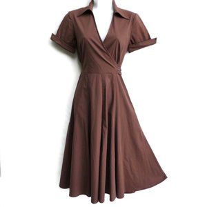 Vintage Dress Surplice Alyn Paige Tie Belt Brown Minimalist Neutral Midi Flare